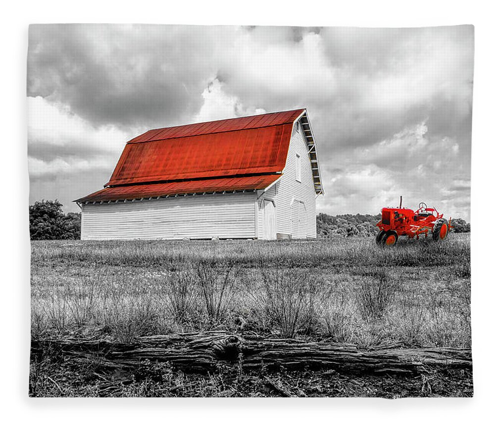 Red Fleece Blanket featuring the photograph Red Roof Barn and Red Tractor Black and White and Red by Debra and Dave Vanderlaan