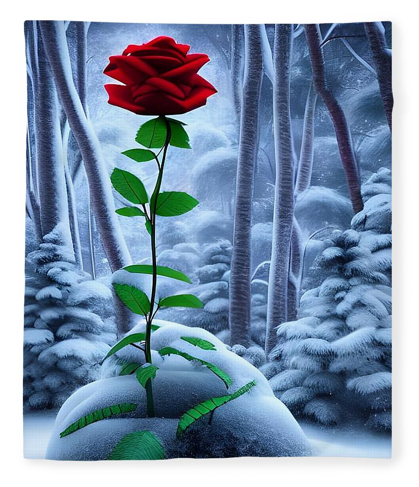 Digital Fleece Blanket featuring the digital art Red Rose in the Snow by Beverly Read