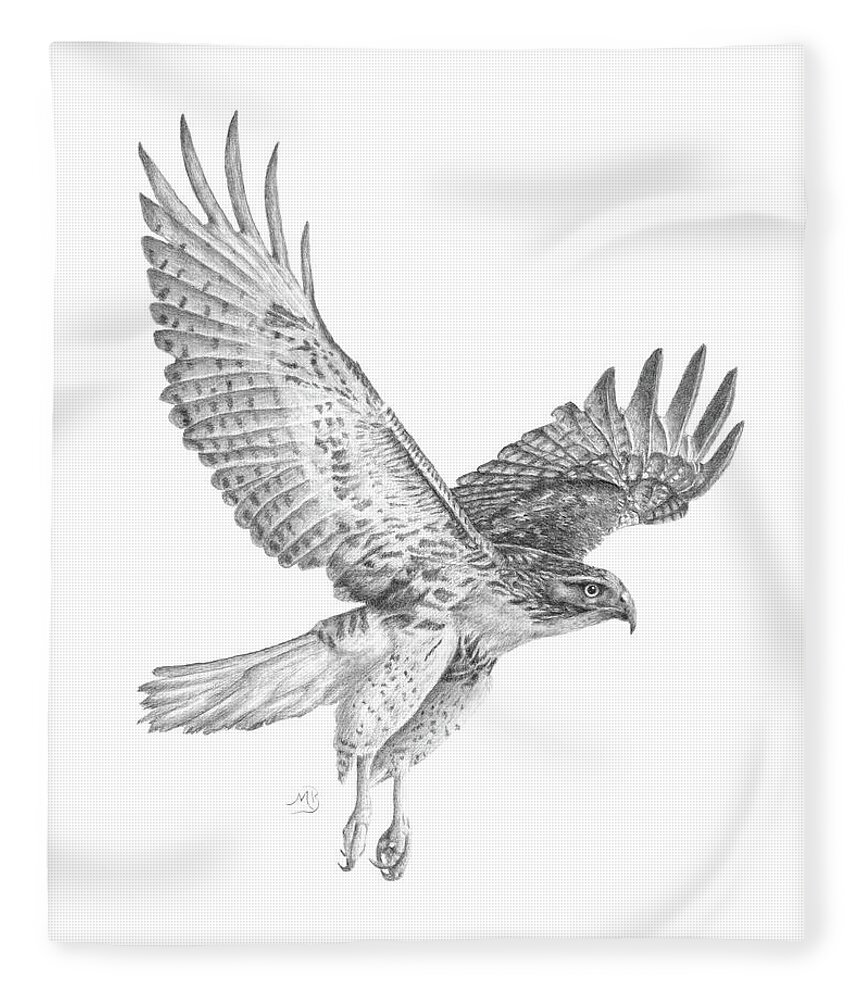 Hawk Fleece Blanket featuring the drawing Red Tailed Hawk in Flight by Monica Burnette