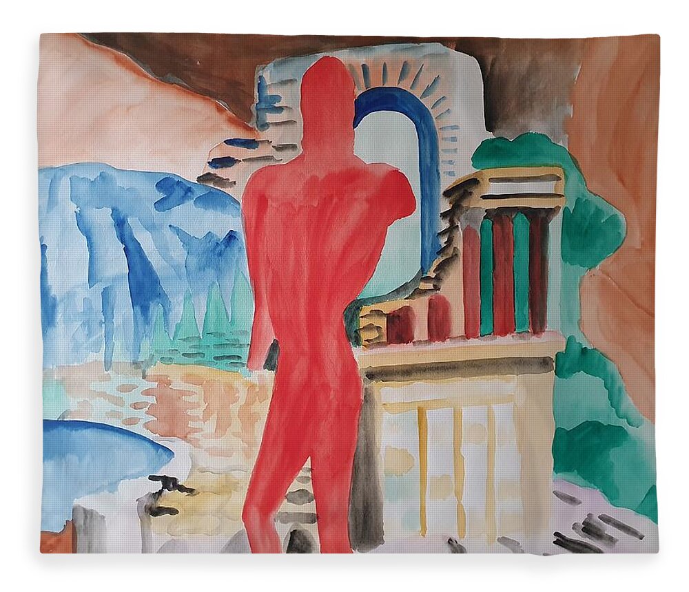 Classical Greek Sculpture Fleece Blanket featuring the painting Red Warrior and the Temple by Enrico Garff