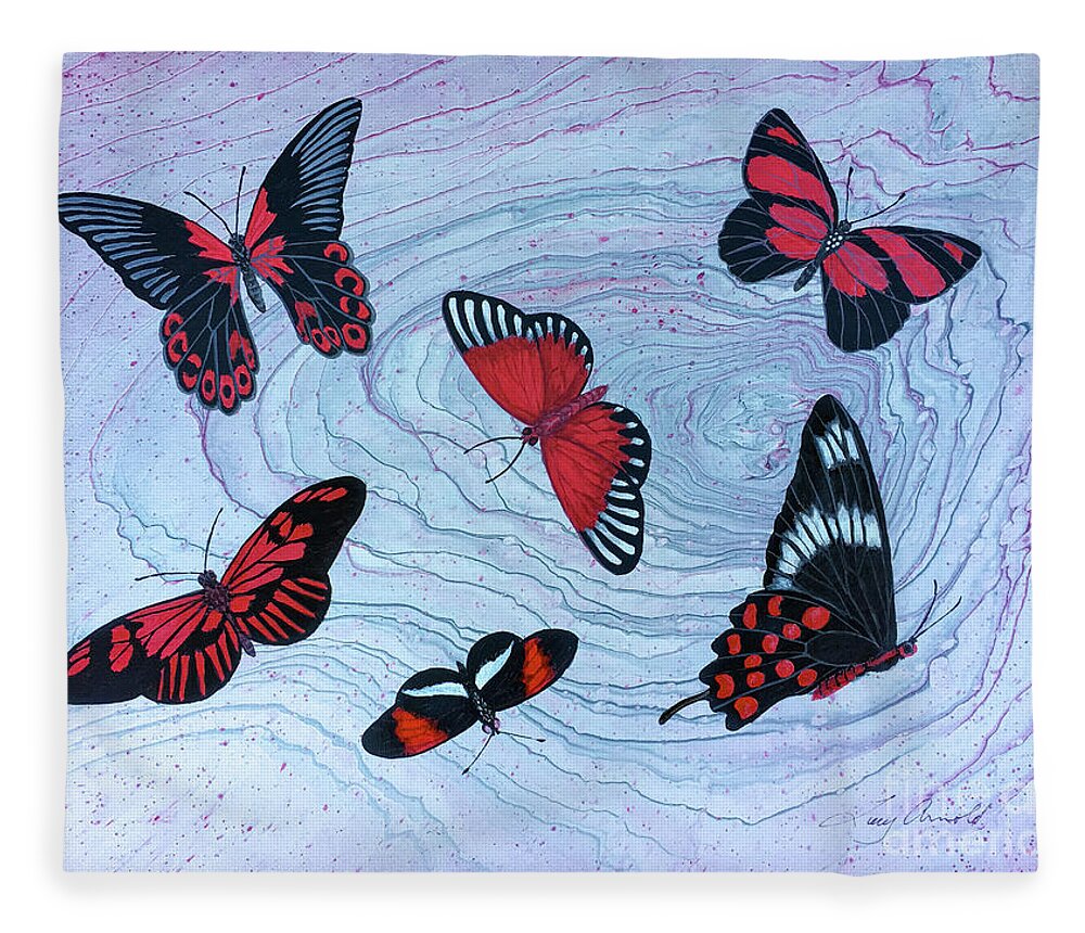 Butterflies Fleece Blanket featuring the painting Red Wings by Lucy Arnold