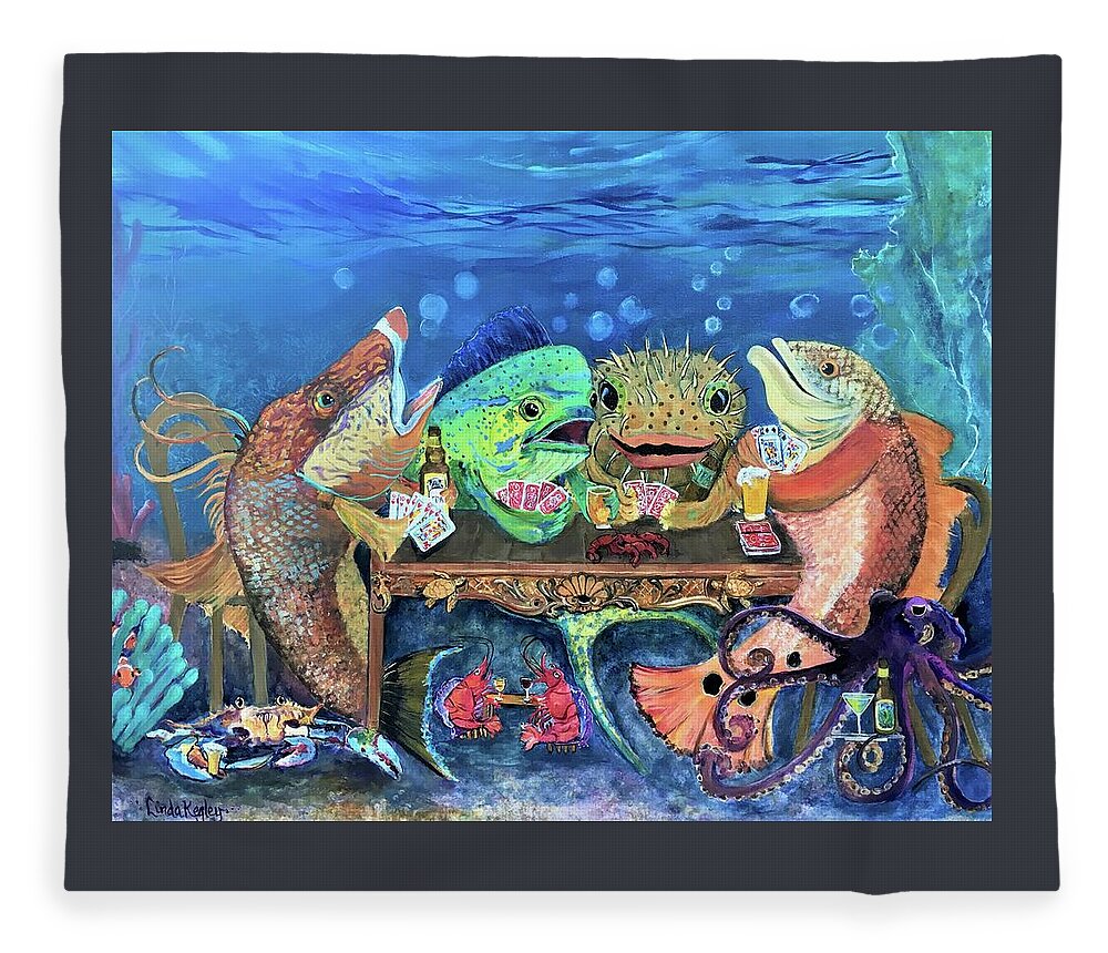 Redfish Fleece Blanket featuring the painting Redfish Poker Time at the Reef Bar by Linda Kegley