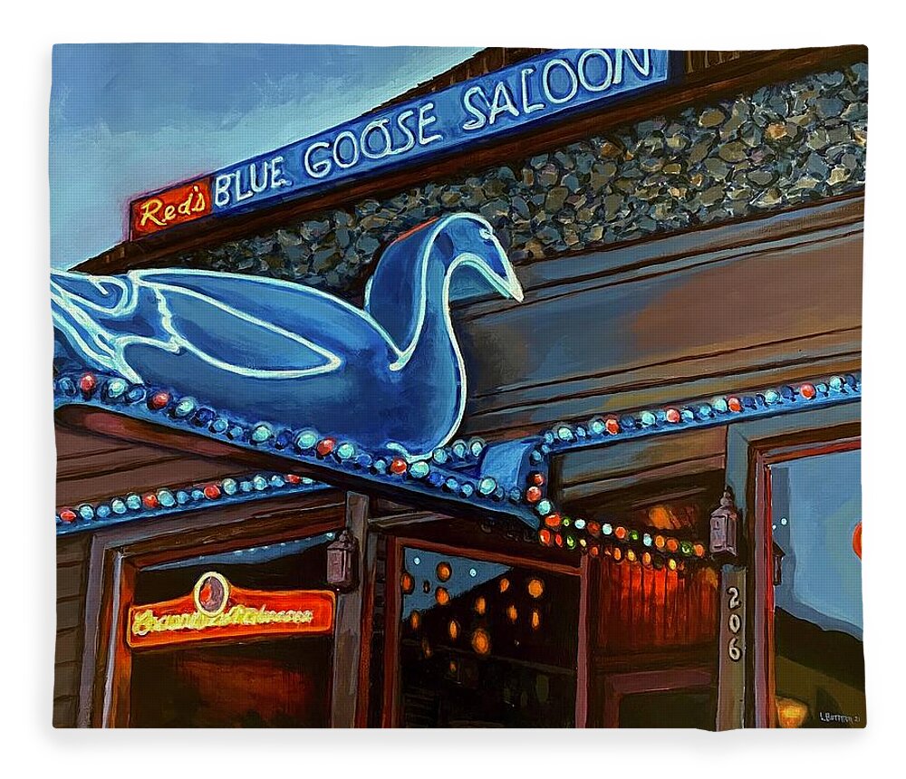 Blue Goose Saloon Fleece Blanket featuring the painting Reds Blue Goose Saloon by Les Herman