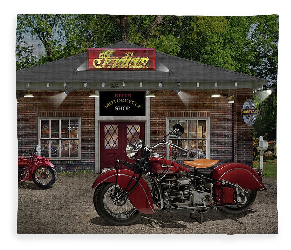 Indian Motorcycles Fleece Blanket featuring the photograph Reds Motorcycle Shop C by Mike McGlothlen