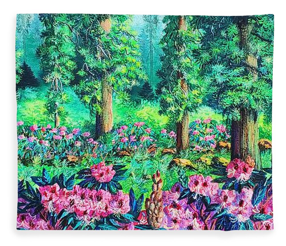 Redwoods Fleece Blanket featuring the painting Redwoods and rhododendrons by Diane Phalen