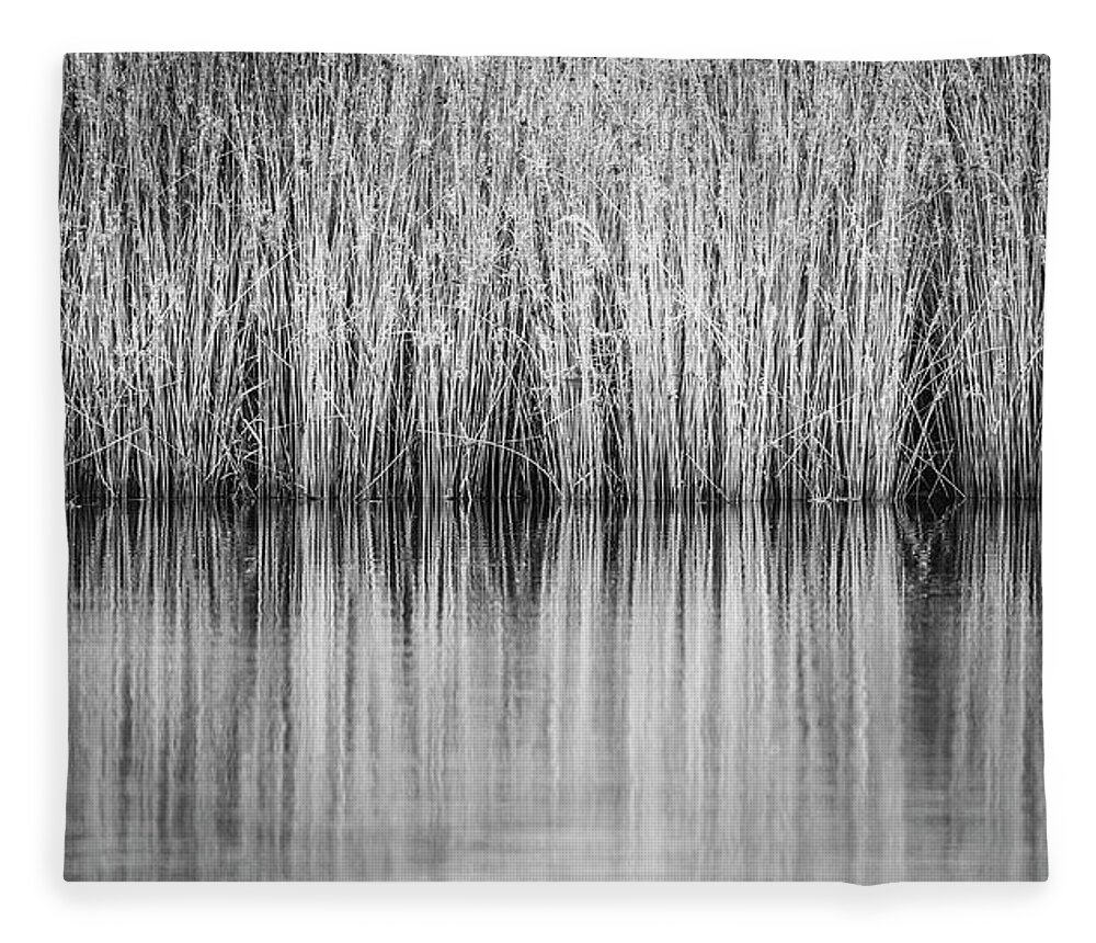 Reeds Fleece Blanket featuring the photograph Reeds Reflection BW by Gary Geddes
