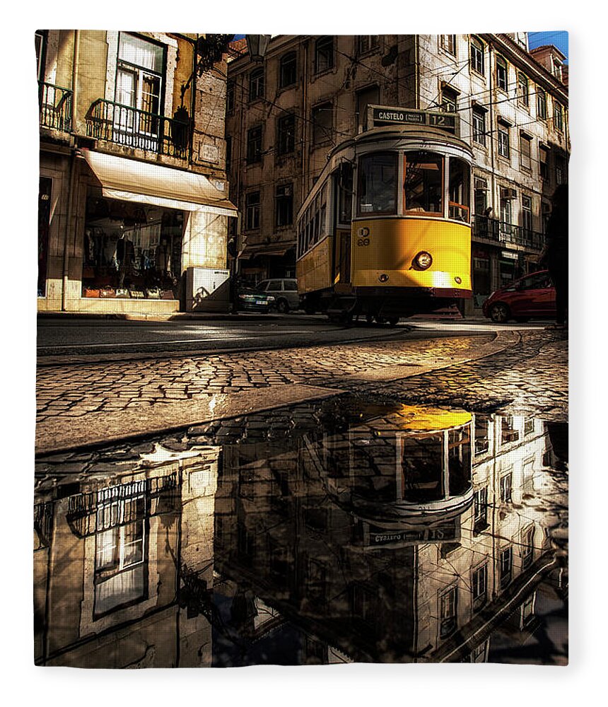 Tram12 Fleece Blanket featuring the photograph Reflected by Jorge Maia