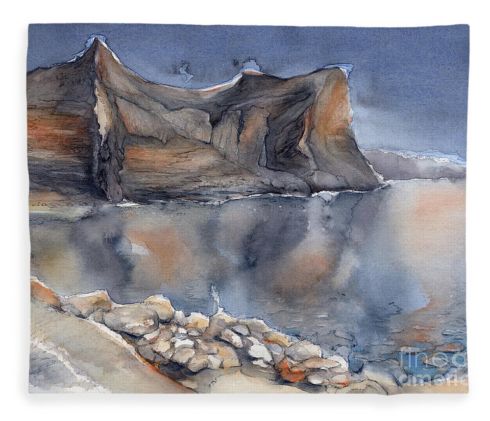 Watercolor Fleece Blanket featuring the painting Reflection in the Mediterranean Sea, Cala Moraig by Adriana Mueller