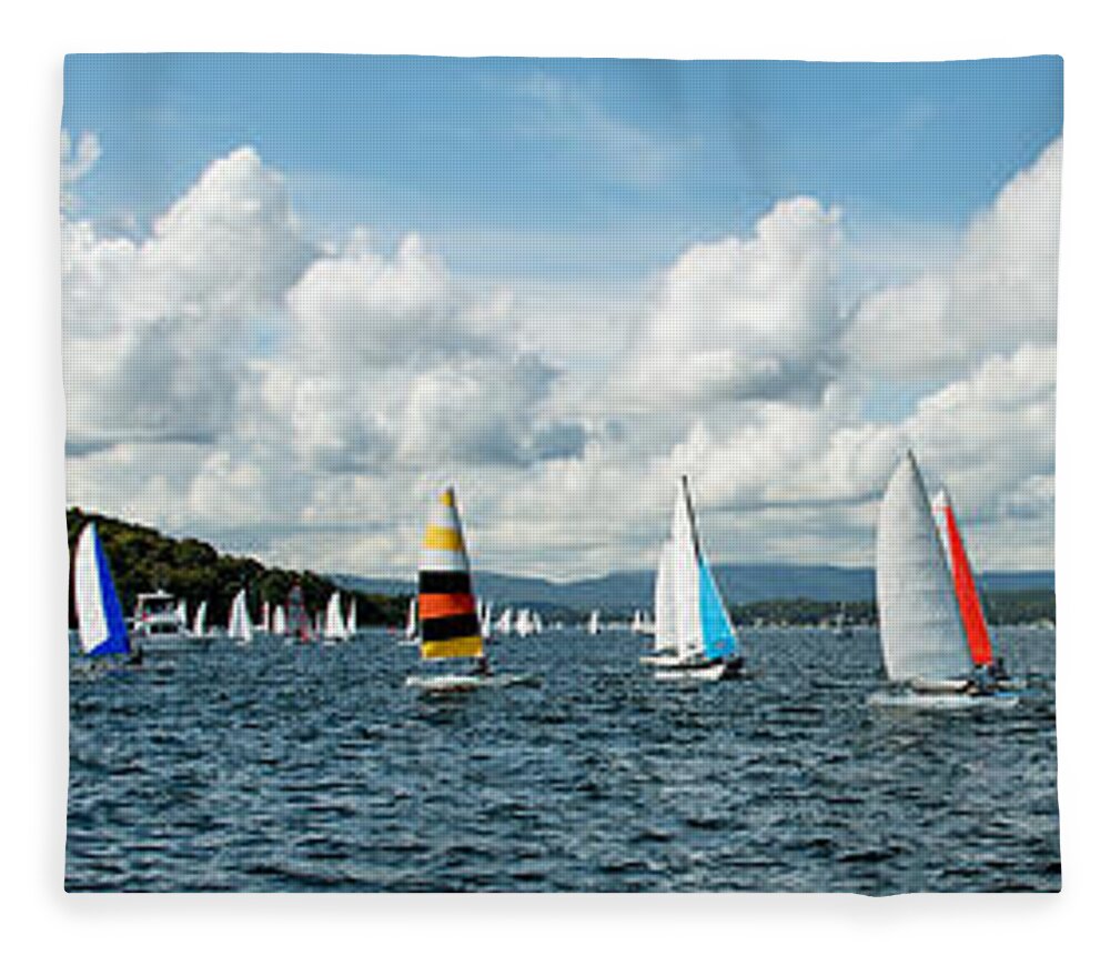 Kids Fleece Blanket featuring the photograph Regatta Panorama. Children Sailing small sailboats, Catamarans, with colourful sails. Australia. Commercial use image. by Geoff Childs