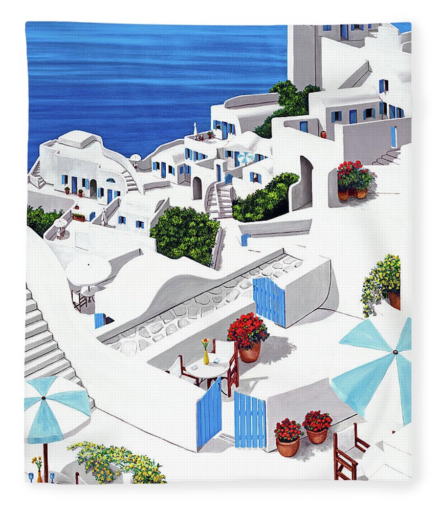 Santorini Fleece Blanket featuring the painting Remembering Santorini-prints original view by Mary Grden