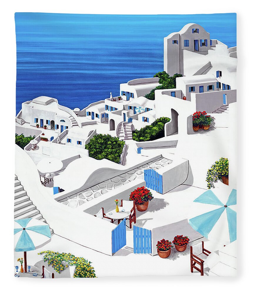 Santorini Fleece Blanket featuring the painting Remembering Santorini-Prints-wider view by Mary Grden