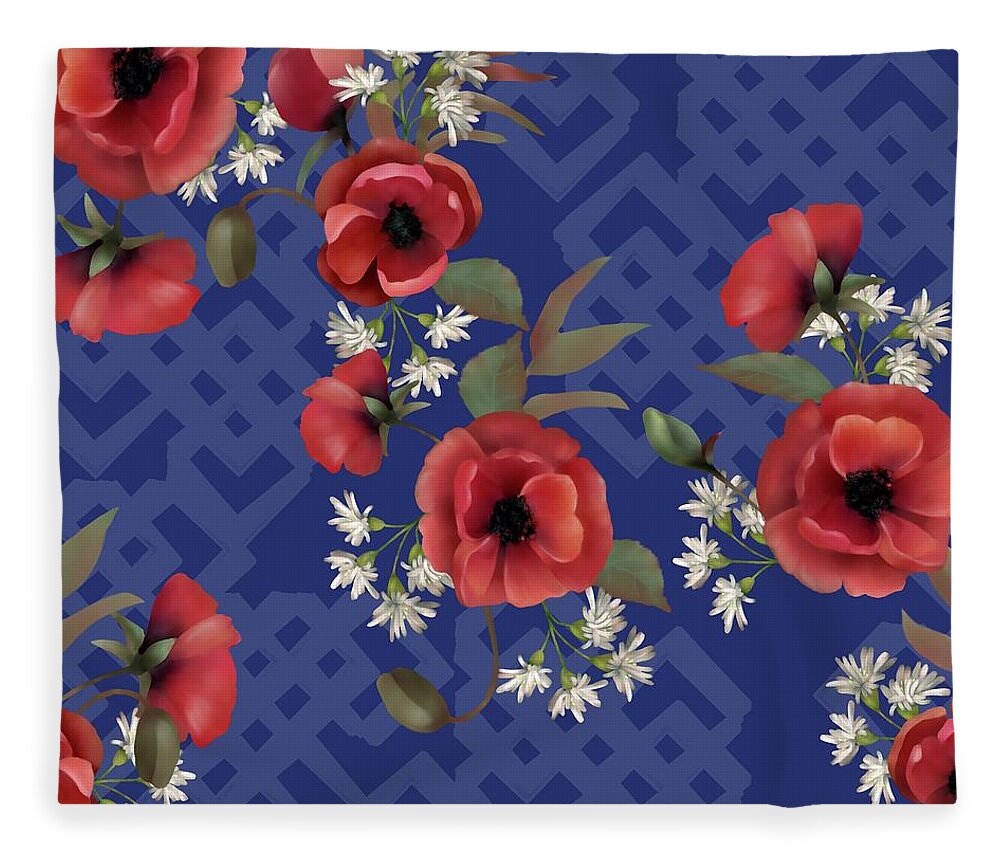 Poppies Fleece Blanket featuring the digital art Remembrance Blue Floral by Sand And Chi