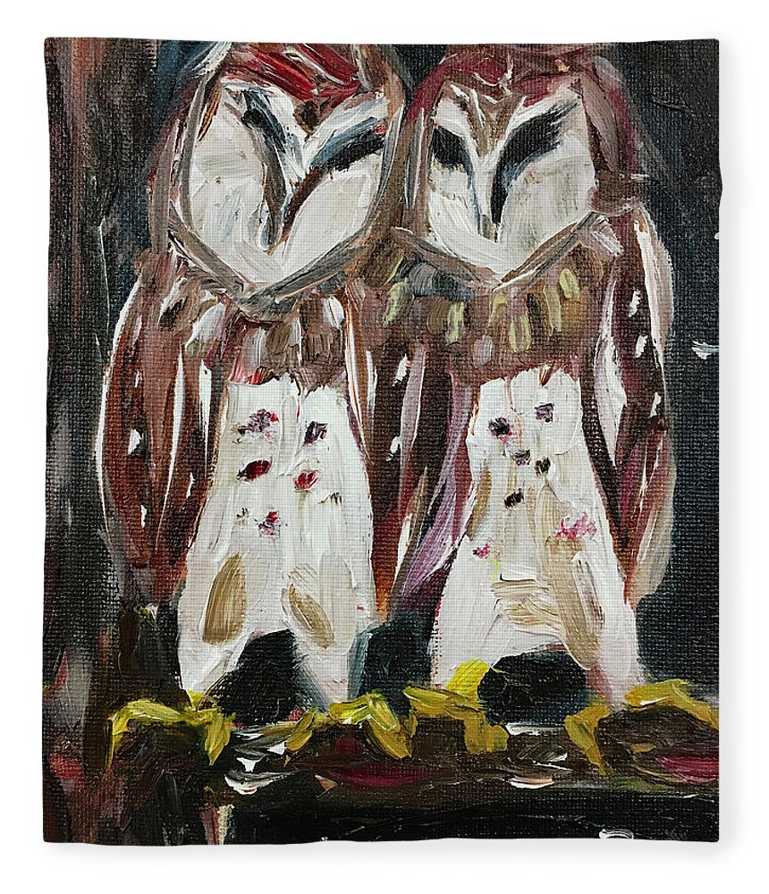 Owls Fleece Blanket featuring the painting Resident Gangstas Backyard Barn Owls by Roxy Rich
