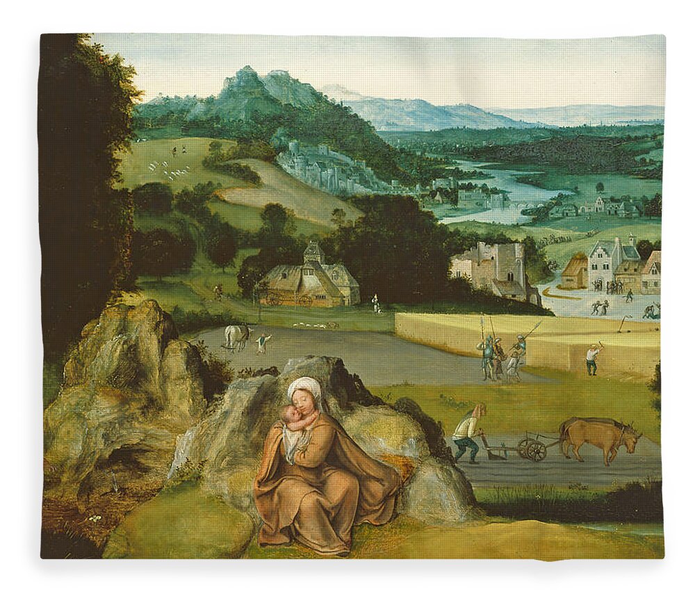 Joachim Patinir Fleece Blanket featuring the painting Rest on the Flight into Egypt and the Miraculous Field of Wheat by Joachim Patinir