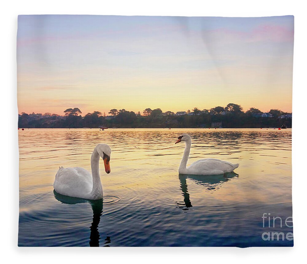 Restronguet Fleece Blanket featuring the photograph Restronguet Swans at Sunrise by Terri Waters