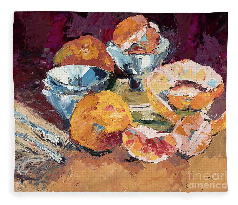 Oil Painting Fleece Blanket featuring the painting Grapefruit Rice Bowls, 2012 by PJ Kirk