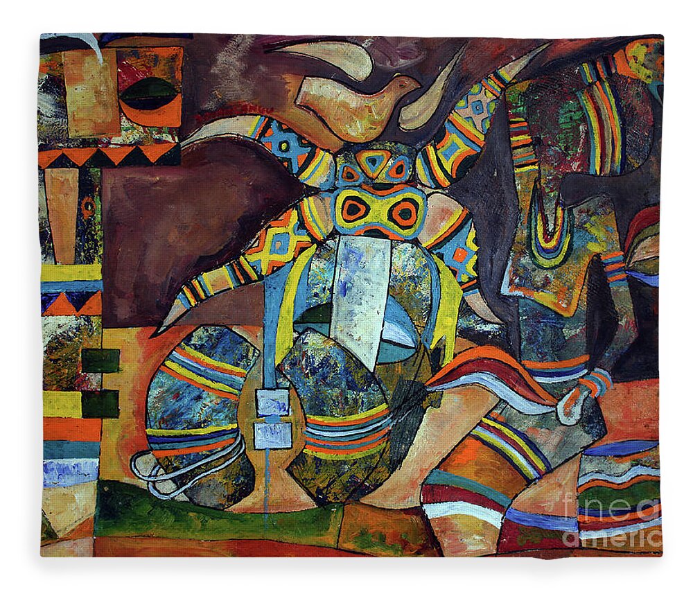 Speelman Mahlangu Fleece Blanket featuring the painting Riksha Man by Speelman Mahlangu