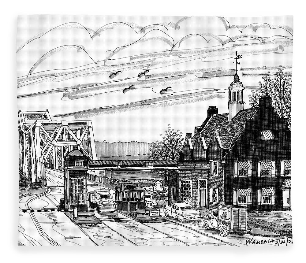 Hudson River Bridges Fleece Blanket featuring the drawing Rip Van Winkle Bridge Catskill NY by Richard Wambach
