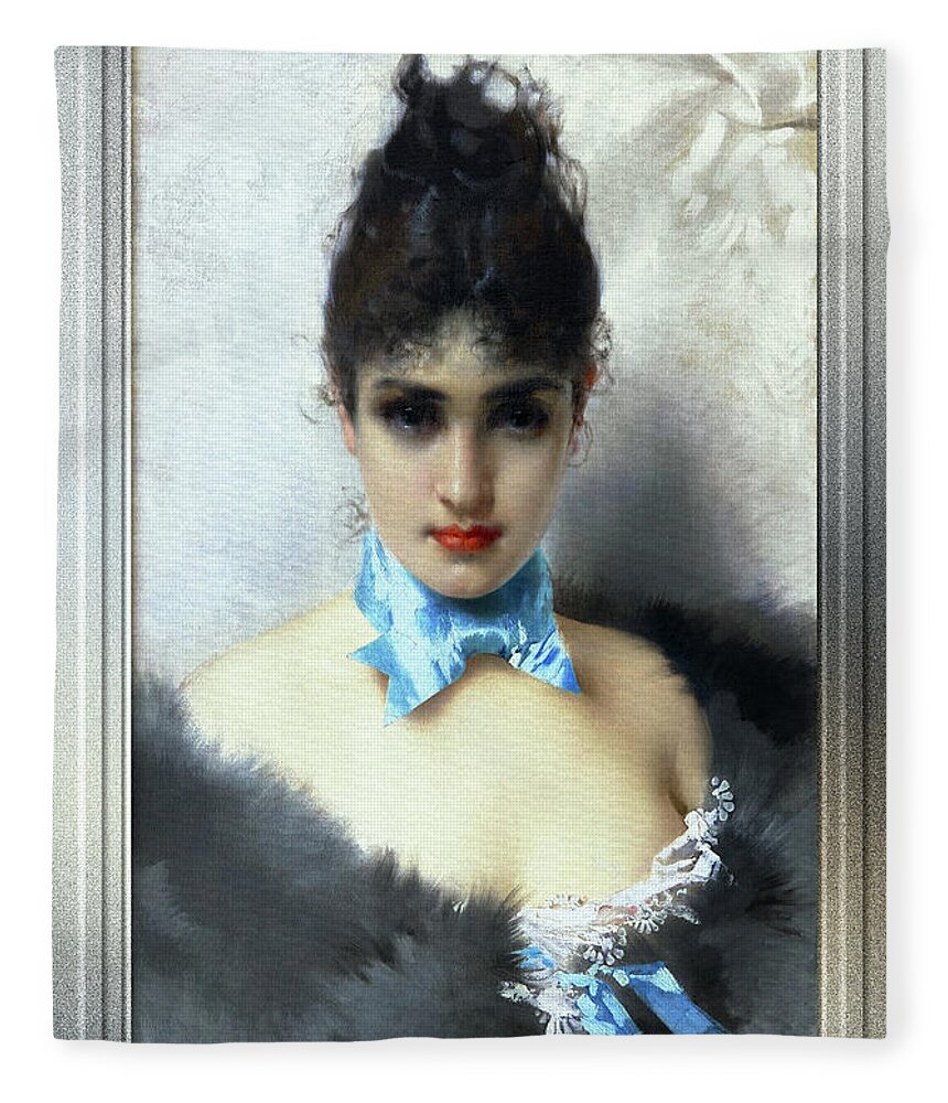 Portrait Of An Elegant Woman Fleece Blanket featuring the painting Ritratto Di Donna Elegante by Vittorio Matteo Corcos Classical Art Old Masters Reproduction by Rolando Burbon