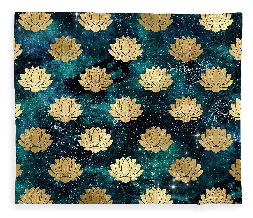 Watercolor Fleece Blanket featuring the digital art Rivala - Teal Gold Watercolor Lotus Galaxy Dharma Pattern by Sambel Pedes