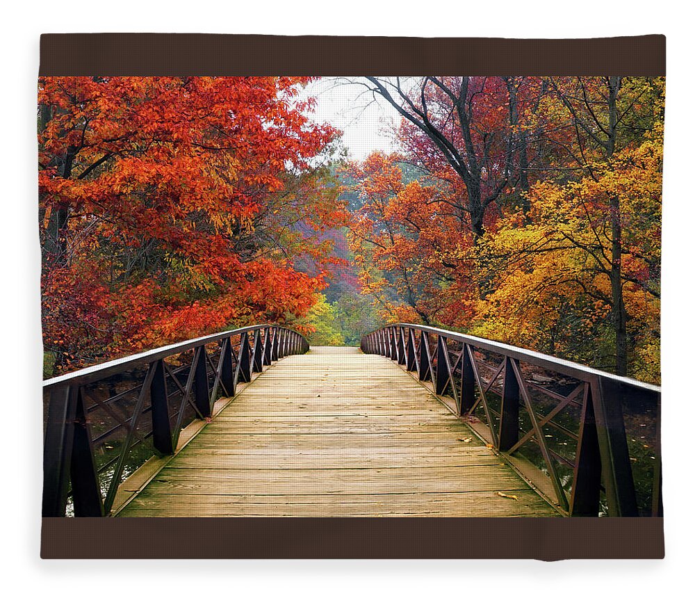 Autumn Footbridge Fleece Blanket featuring the photograph Majestic Autumn Crossing by Jessica Jenney