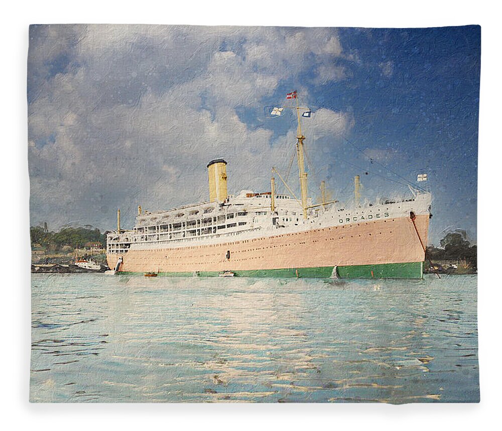Orcades Fleece Blanket featuring the digital art R.M.S. Orcades 1936 by Geir Rosset