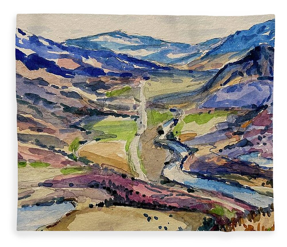 Yellowstone Fleece Blanket featuring the painting Road to Gardiner by Les Herman