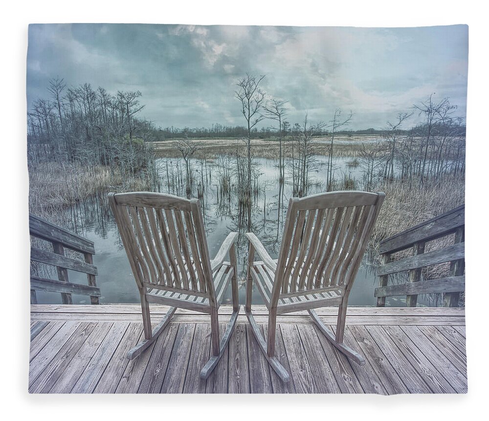 Boats Fleece Blanket featuring the photograph Rocking on the Porch in Blues by Debra and Dave Vanderlaan