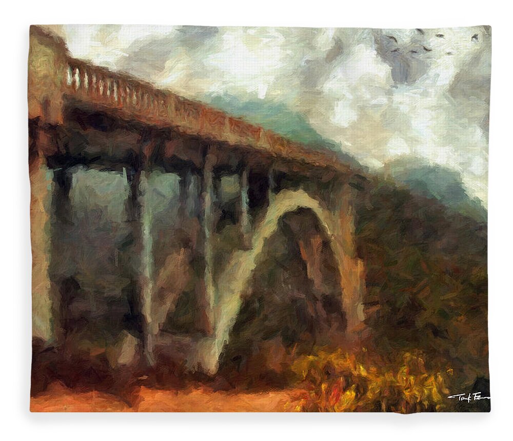 Landscape Fleece Blanket featuring the painting Rocky Creek Bridge, California by Trask Ferrero
