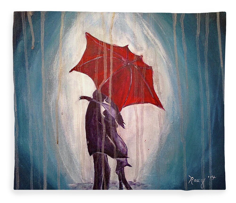 Romantic Couple Fleece Blanket featuring the painting Romantic Couple under Umbrella by Roxy Rich