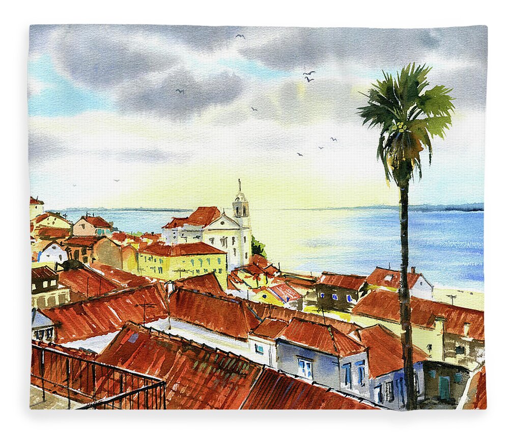 Portugal Fleece Blanket featuring the painting Rooftops of Alfama in Lisbon by Dora Hathazi Mendes
