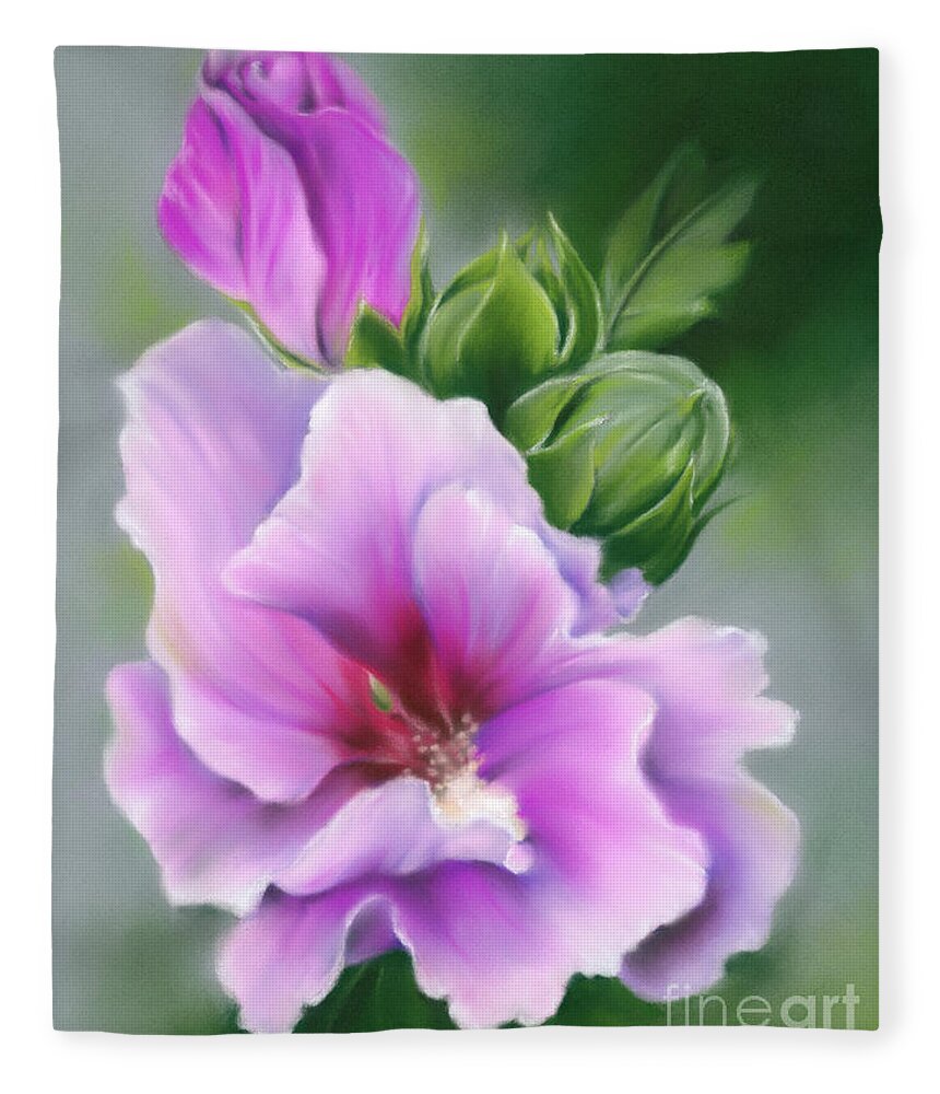 Botanical Fleece Blanket featuring the painting Rose of Sharon Flower and Buds by MM Anderson