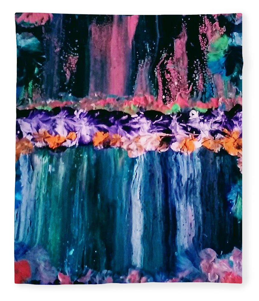 Waterfall Fleece Blanket featuring the painting Roses And Waterfalls by Anna Adams