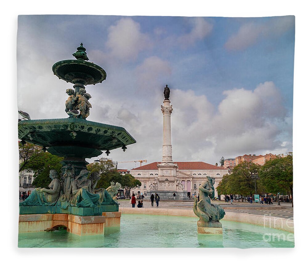 Lisbon Fleece Blanket featuring the photograph Rossio Square, Lisbon by Anastasy Yarmolovich