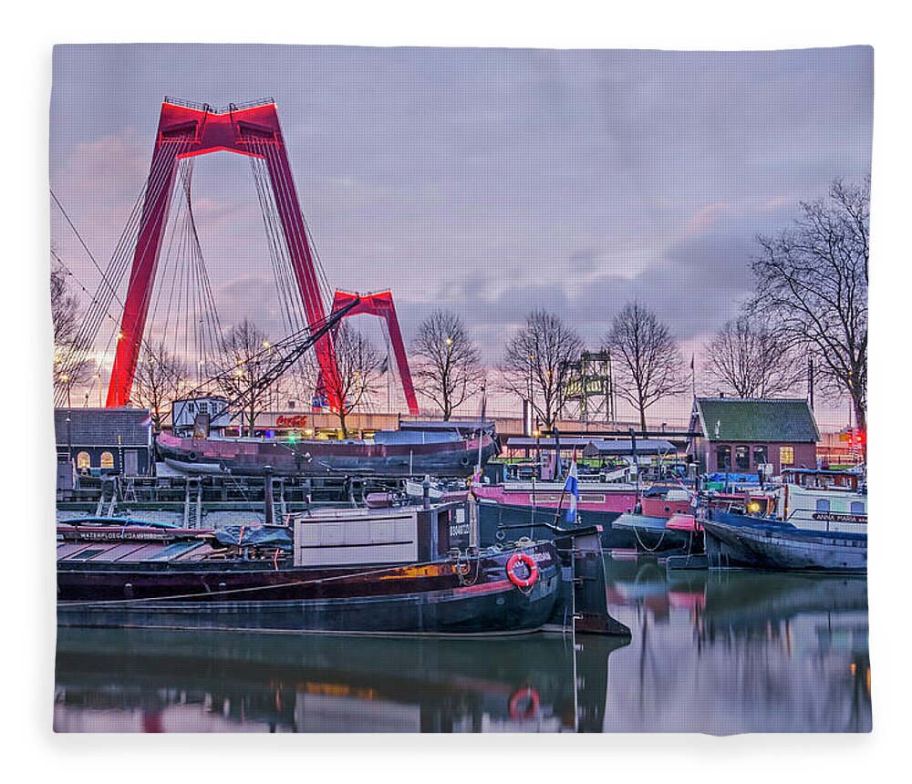 Rotterdam Fleece Blanket featuring the photograph Rotterdam, Old Harbor and Willems Bridge by Frans Blok