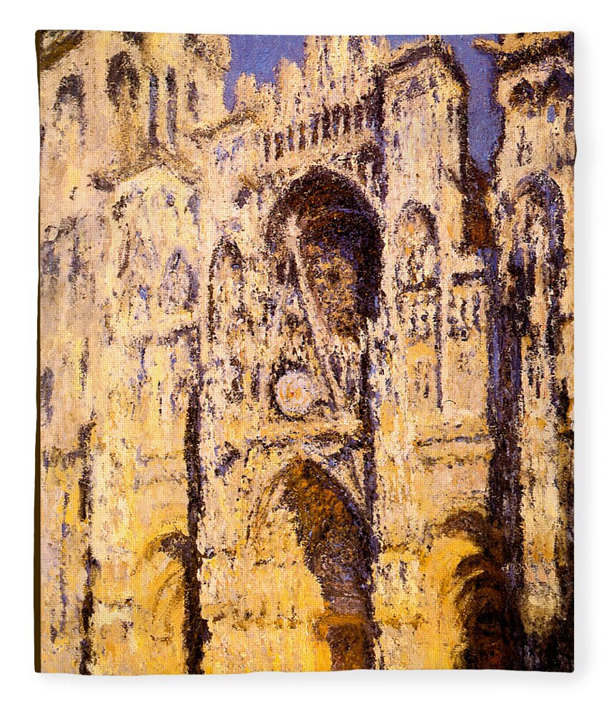 Claude Monet Fleece Blanket featuring the painting Rouen Cathedral Portal and Tour d Albane Full Sunlight Harmony in Blue and Gold by Claude Monet