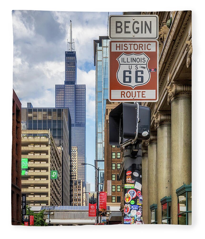 Route 66 Fleece Blanket featuring the photograph Route 66 Begin Sign - Chicago, Illinois by Susan Rissi Tregoning