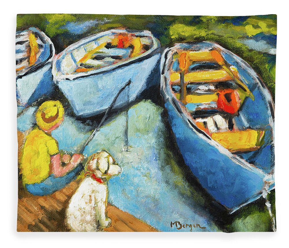 Rowboats Fleece Blanket featuring the painting Rowboats at Clear Lake, OR by Mike Bergen