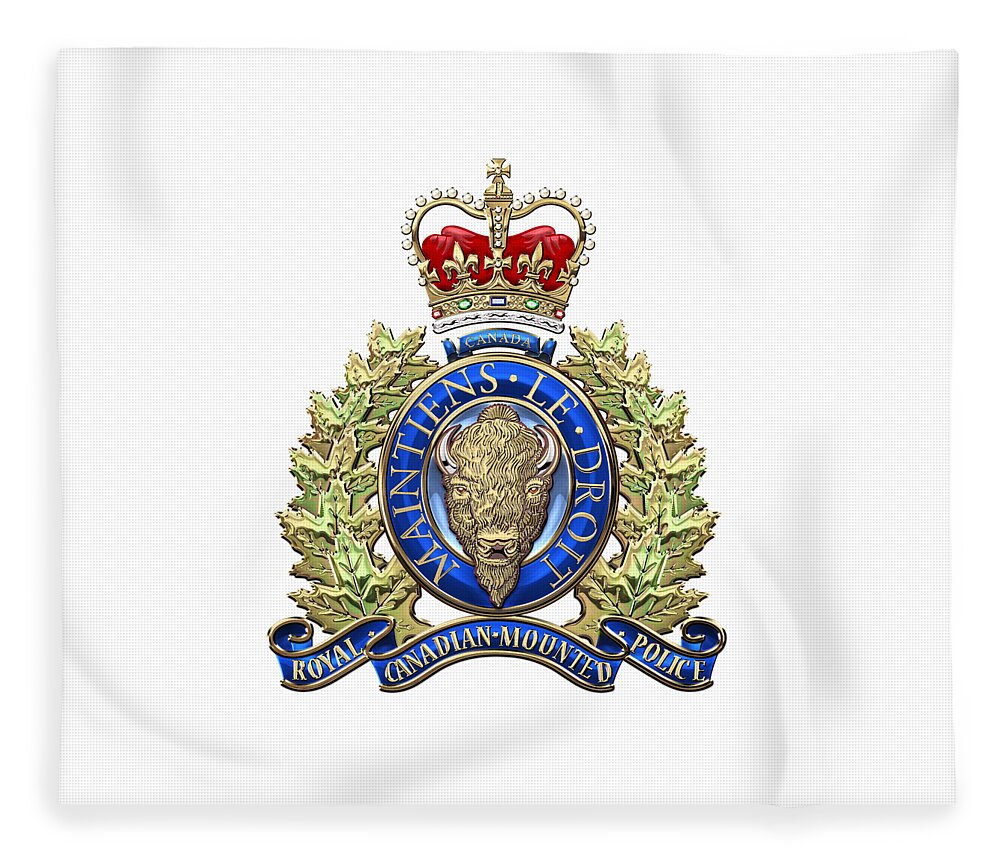 'insignia & Heraldry' Collection By Serge Averbukh Fleece Blanket featuring the digital art Royal Canadian Mounted Police - R C M P Badge over White Leather by Serge Averbukh