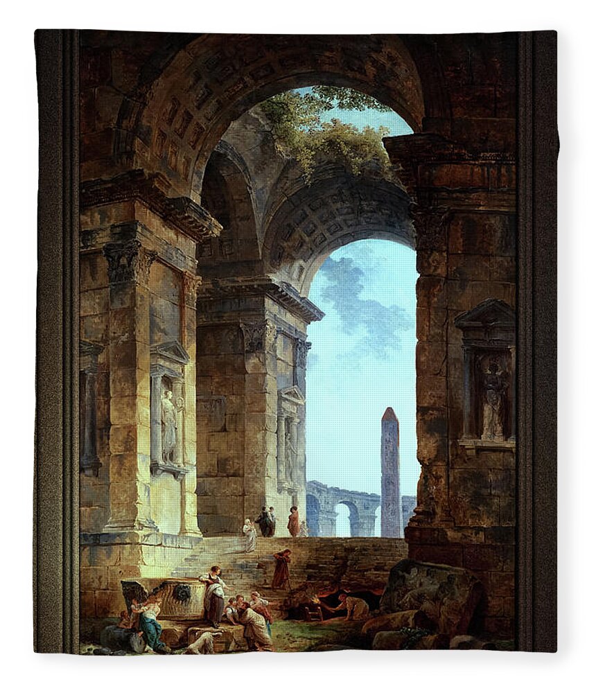 Ruins With An Obelisk Fleece Blanket featuring the painting Ruins With An Obelisk In The Distance Fine Art Old Masters Reproduction by Rolando Burbon