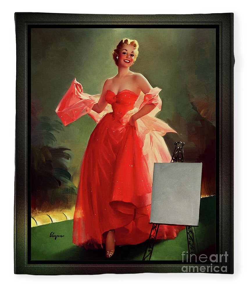 Runway Model Fleece Blanket featuring the painting Runway Model In A Pink Dress by Gil Elvgren Pin-up Girl Wall Decor Artwork by Rolando Burbon