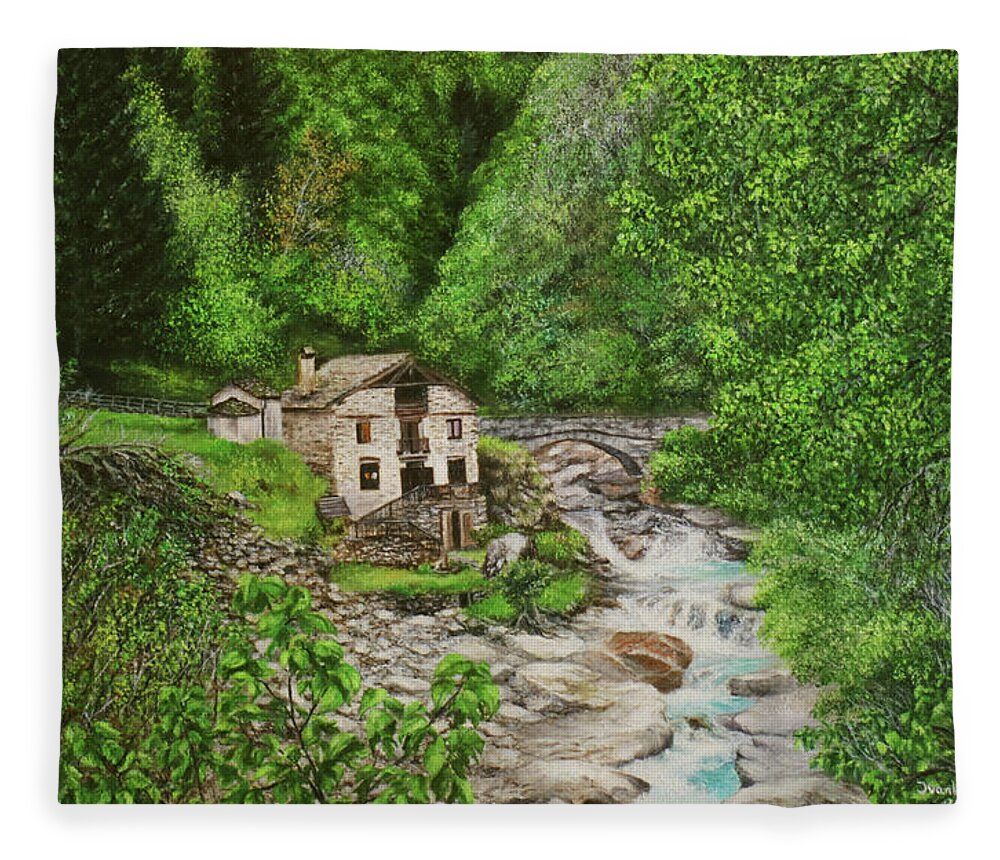 Piedmont Fleece Blanket featuring the painting Rusa Mill by Ivanka Art