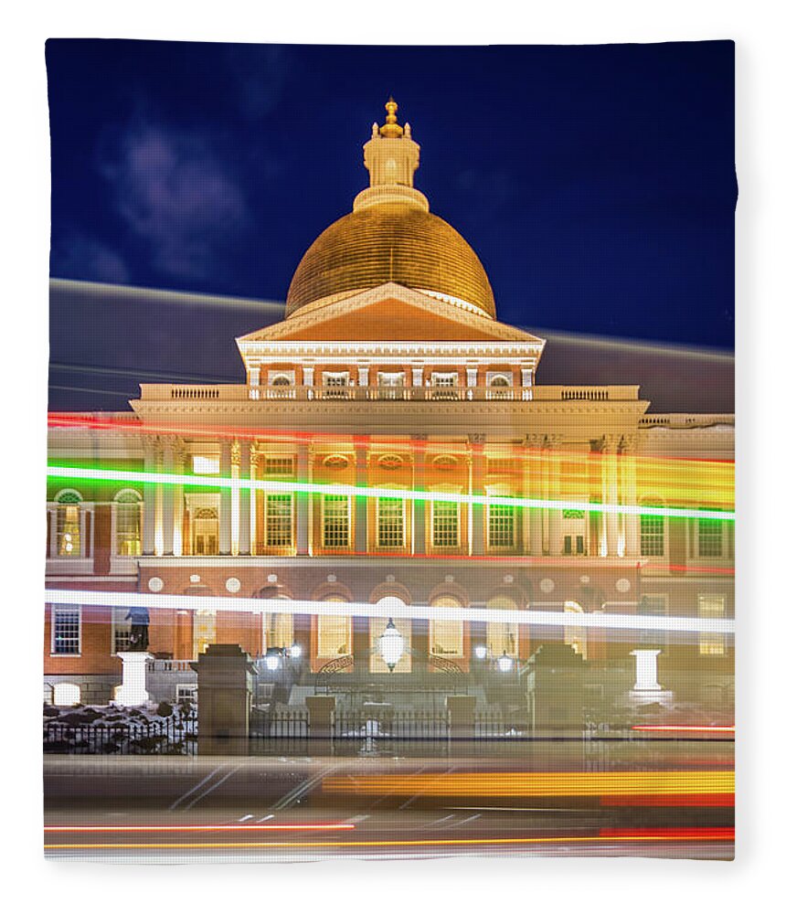 Massachusetts Statehouse Fleece Blanket featuring the photograph Rush Hour in front of the Massachusetts Statehouse by Kristen Wilkinson