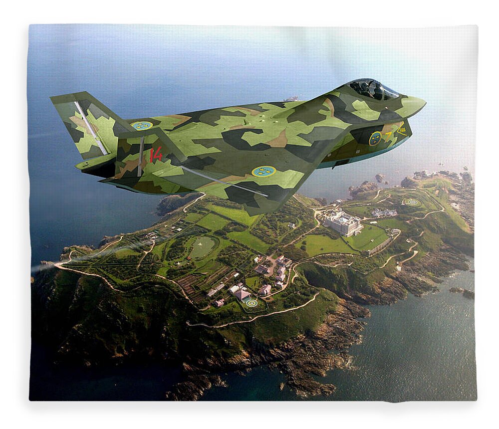 X-32 Fleece Blanket featuring the digital art Saab 47 Hamnare by Custom Aviation Art