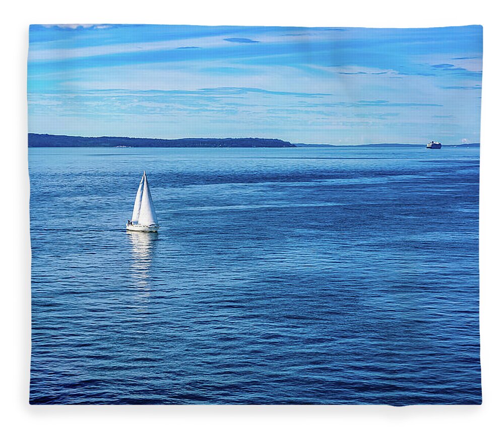 Sailboat Fleece Blanket featuring the digital art Sailboat in Puget Sound by SnapHappy Photos