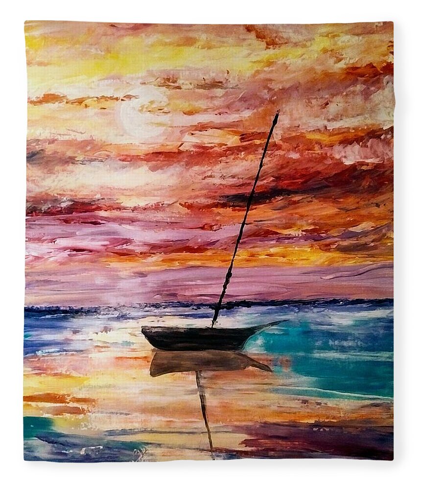 Sailboat Fleece Blanket featuring the painting Sailboat Sunset by Lynne McQueen