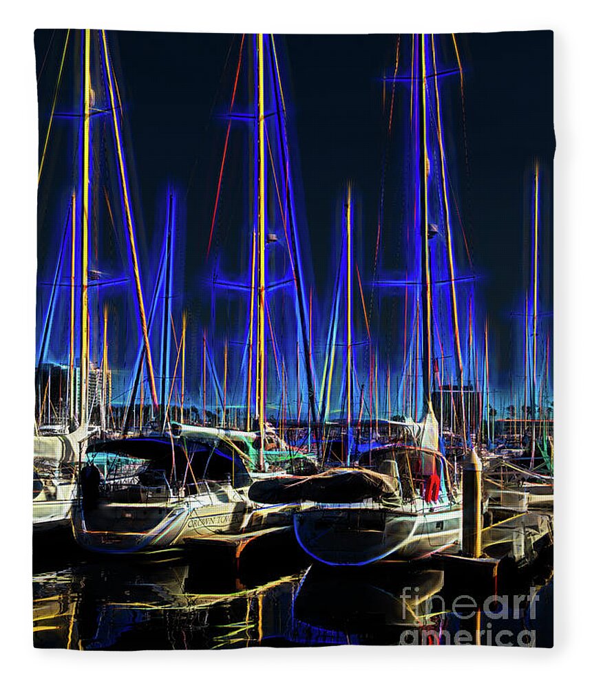 Sailboats Fleece Blanket featuring the photograph Sailboats in Blue Night Glow with Reflections by Roslyn Wilkins