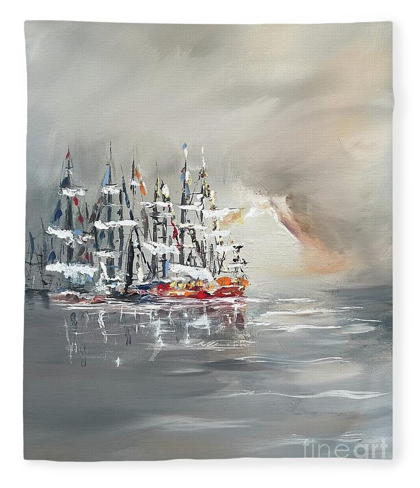 Sailing Boats At Harbor Miroslaw Chelchowski Acrylic Painting Print Ocean Dark Rest Boats Cloudy Seascape Water Gray Fleece Blanket featuring the painting Sailing boats at harbor by Miroslaw Chelchowski