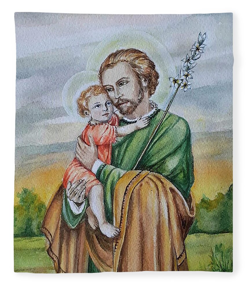 Saint Joseph Fleece Blanket featuring the painting Saint Joseph and Child by Carolina Prieto Moreno