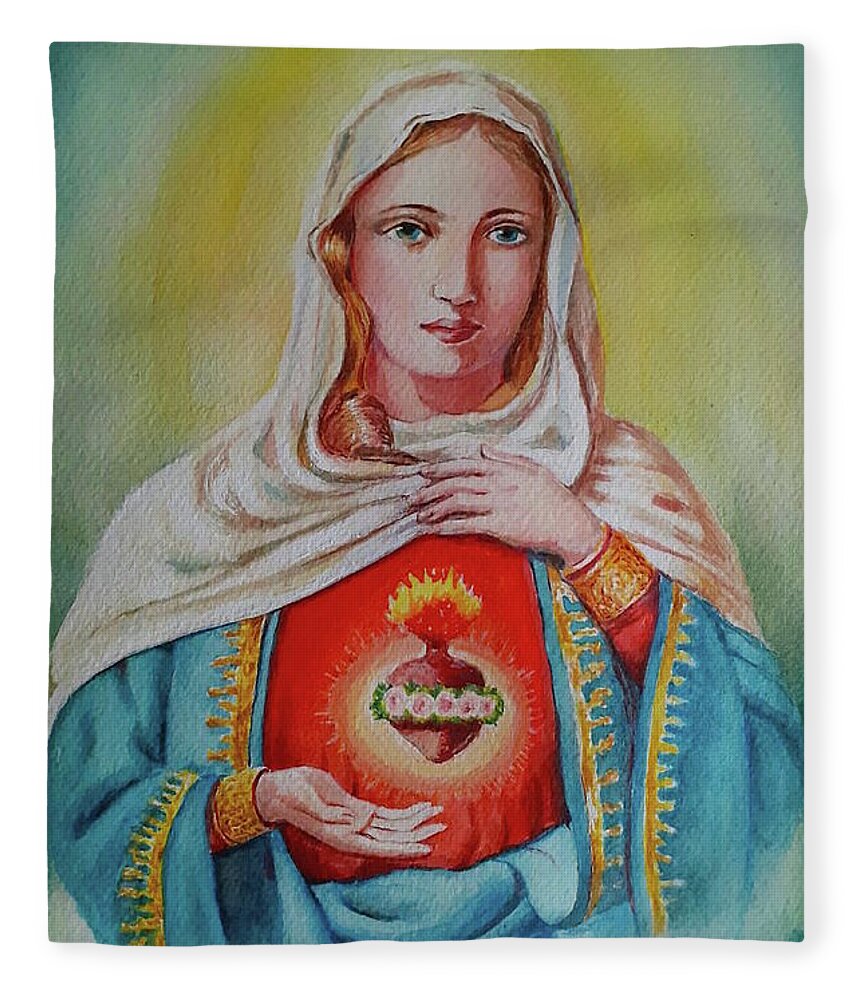 Saint Mary Fleece Blanket featuring the painting Saint Mary s sacred heart by Carolina Prieto Moreno